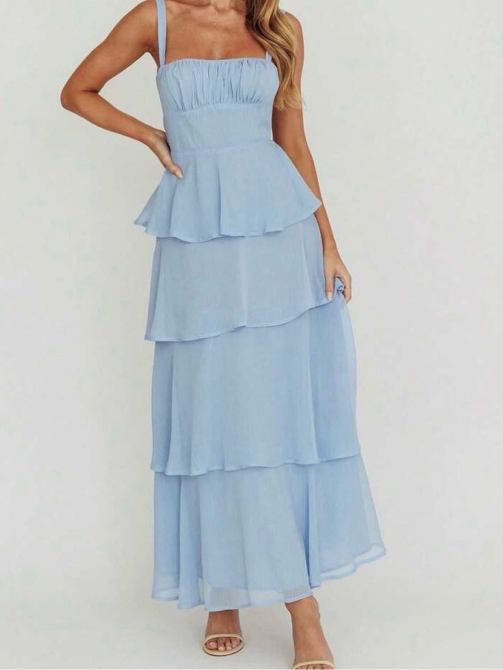 Light Blue Tiered Maxi Dress with Square Neckline